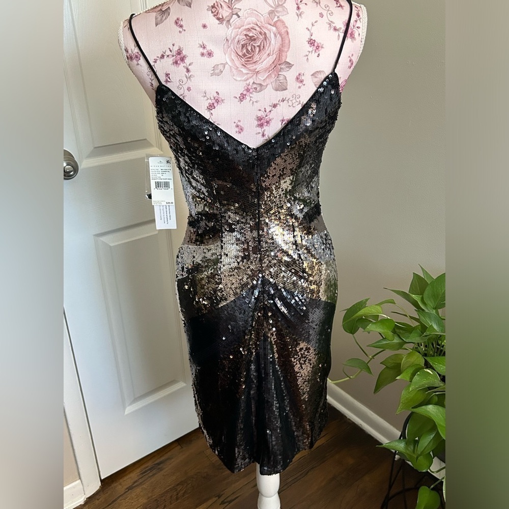 Aidan Mattox Sequins New Years Cocktail Holiday Party Dress Black Gold Silver 10 - Picture 7 of 7
